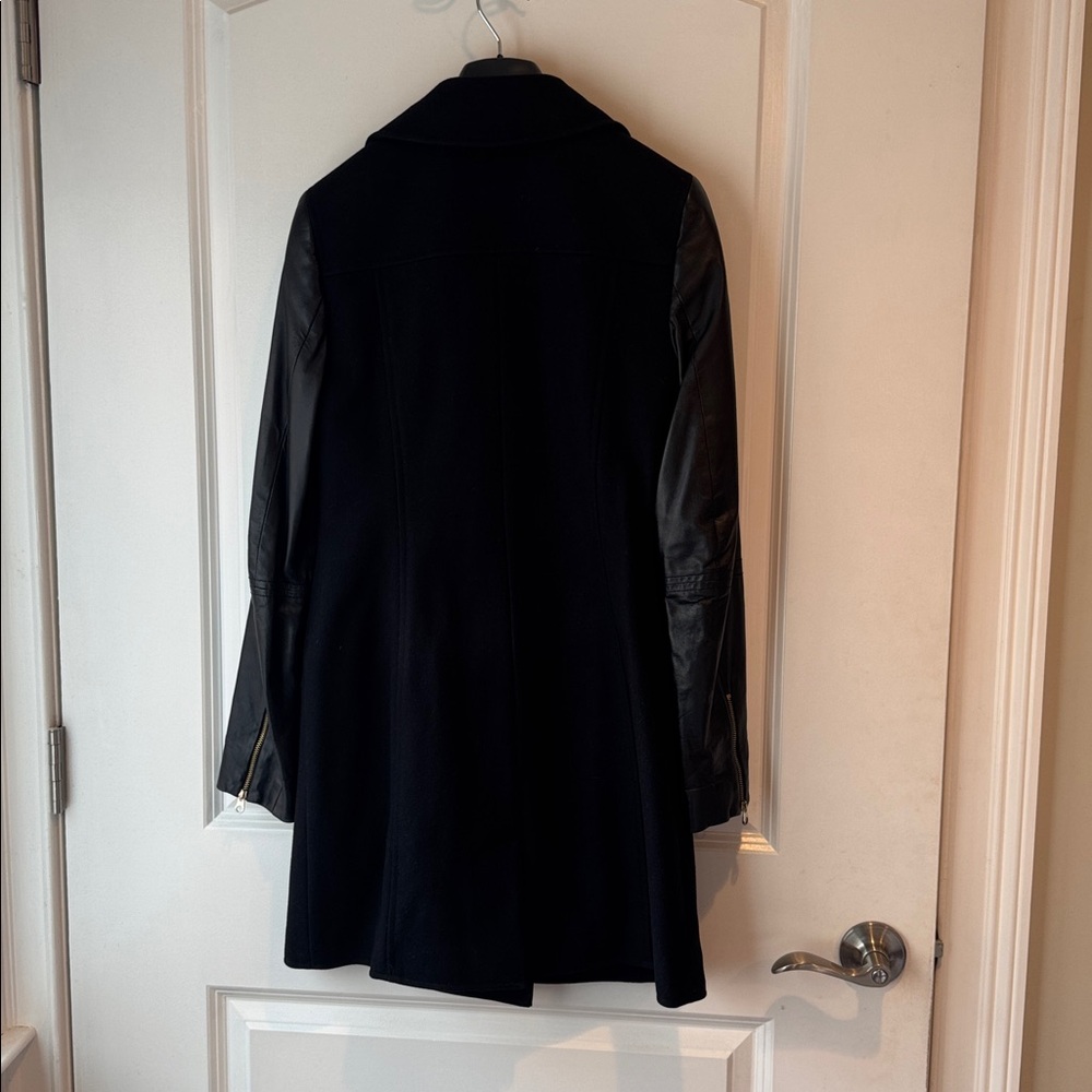 Ted Baker Alycia Black Wool Cashmere Coat with Leather Sleeves - Picture 2 of 8